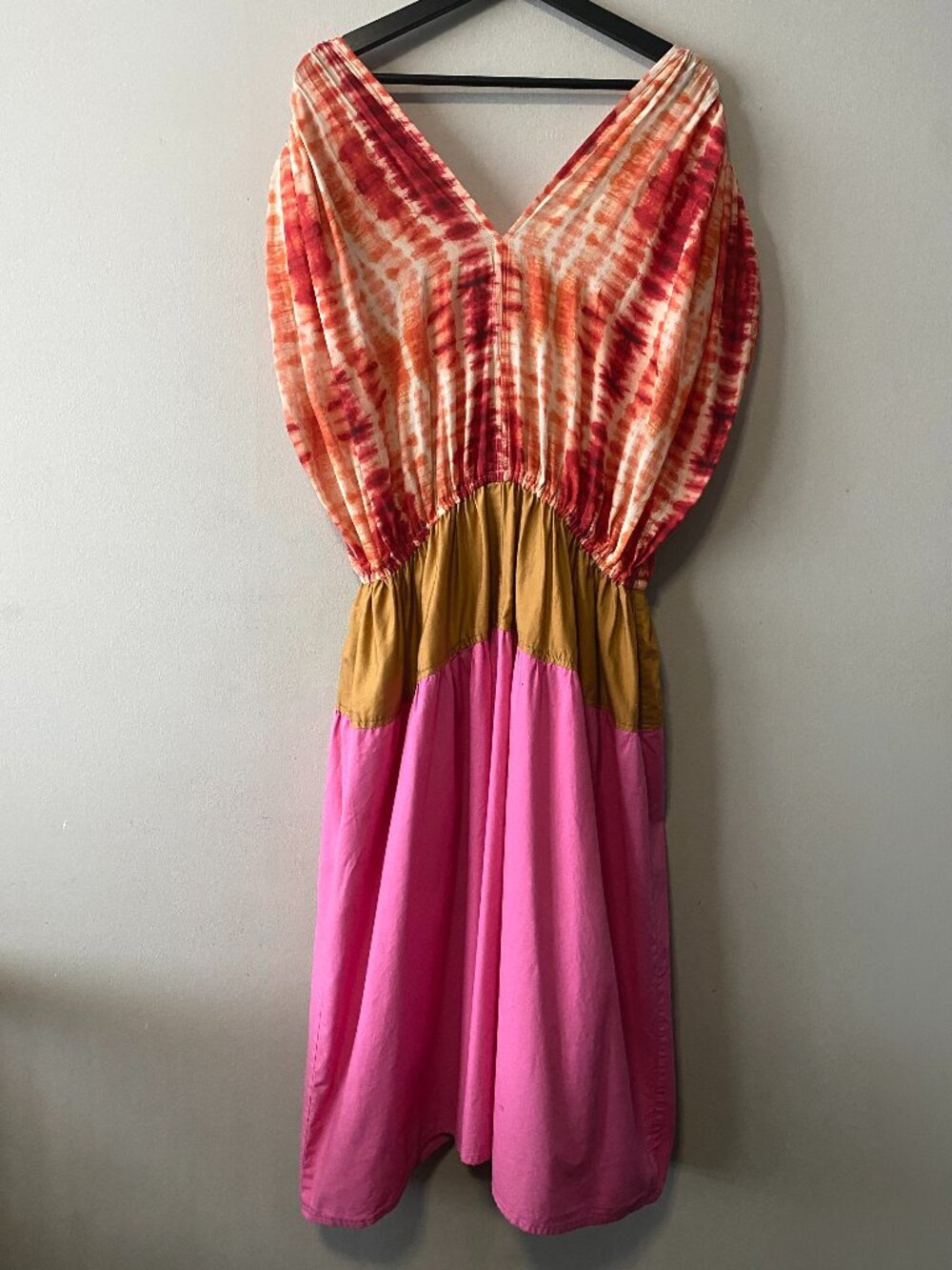 Handmade Plus Size Cotton Red Orange Tie-Dye Pink Gold V-Neck Dress